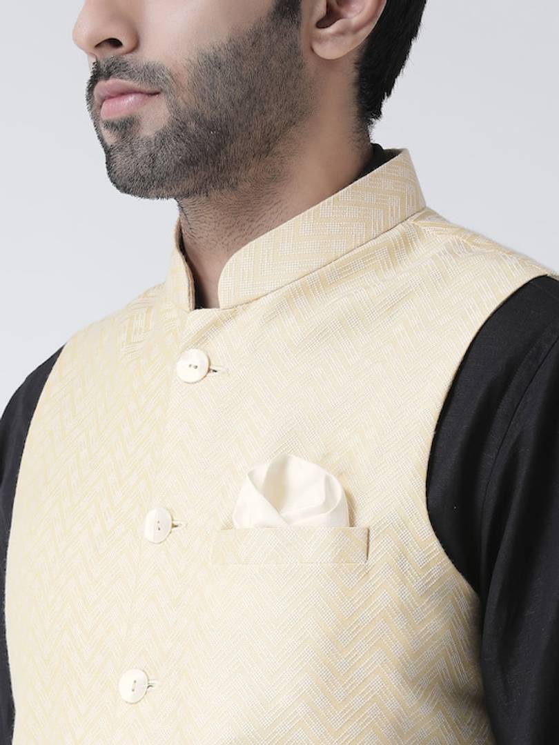 Men's Off White 
Cotton Blend
 Woven Design Nehru Jackets